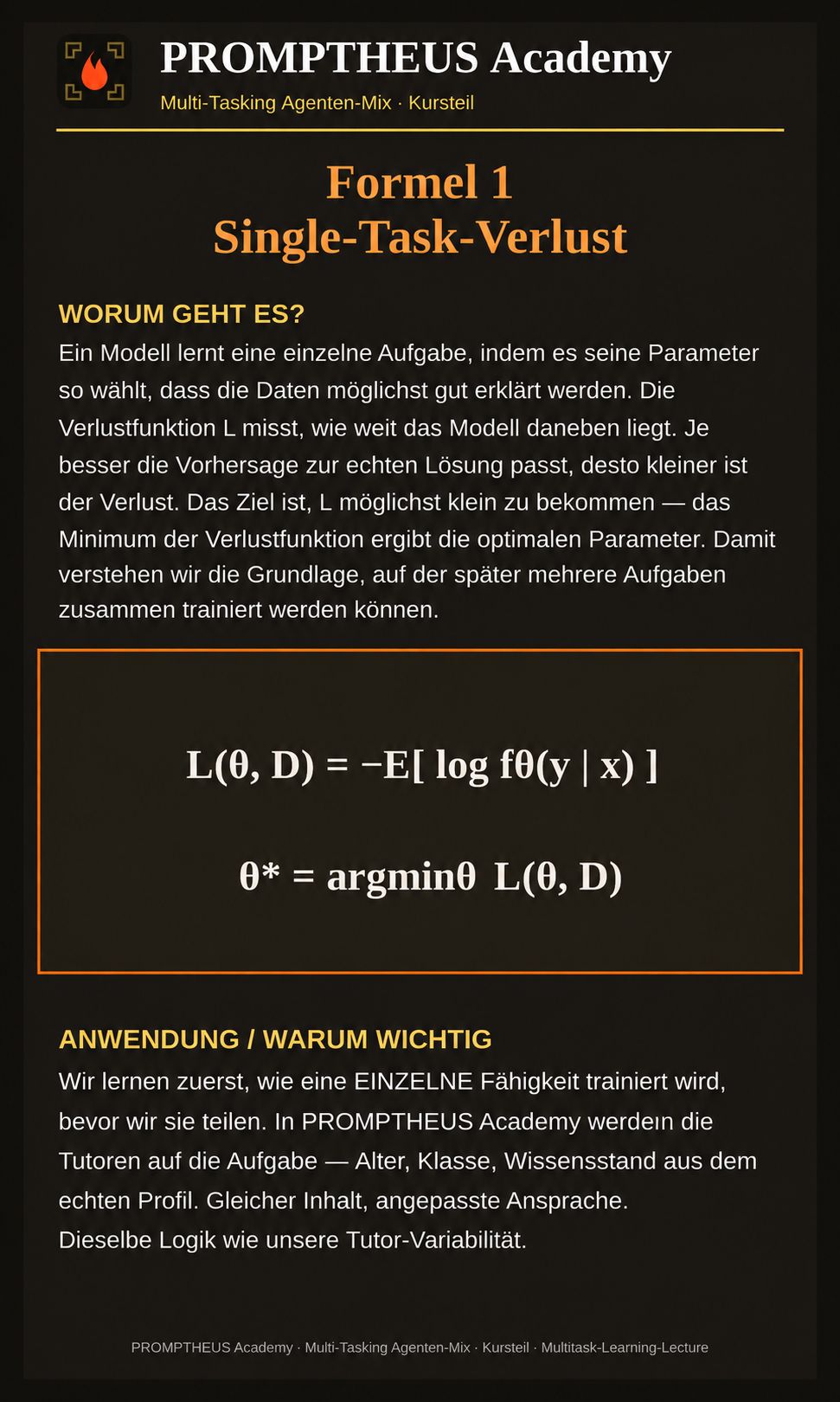 Formel 1 — Single-Task-Verlust: L(θ, D) = −E[ log fθ(y | x) ], θ* = argmin L
